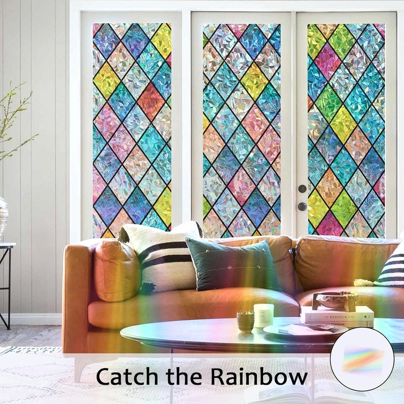 Bectosy Window Privacy Film, Static Cling Stained Glass Window Film Decorative, Non-Adhesive 3D Rainbow Frosting Film Anti-UV for Bathroom Home Door(Rainbow，17.5" x 157.5") - Image 2